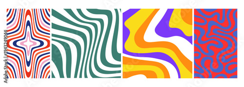 Set of 4 vibrant abstract wavy stripe and liquid swirl vector backgrounds in retro 70s psychedelic style for modern design projects