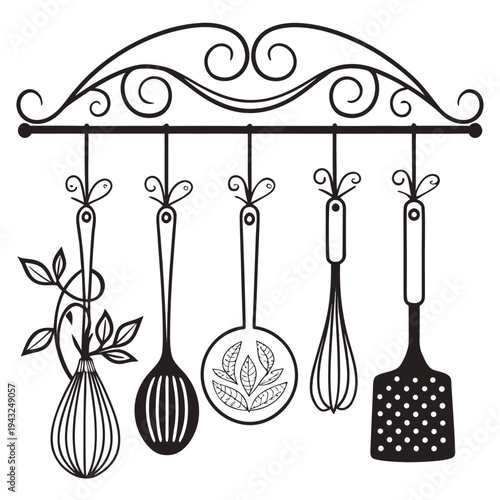 Fotografie Ornate wrought iron kitchen utensil rack with decorative swirls holding ladle sl