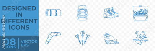 A flat vector graphic illustration featuring 8 different icons related to transportation, including a bike, car, and luggage.