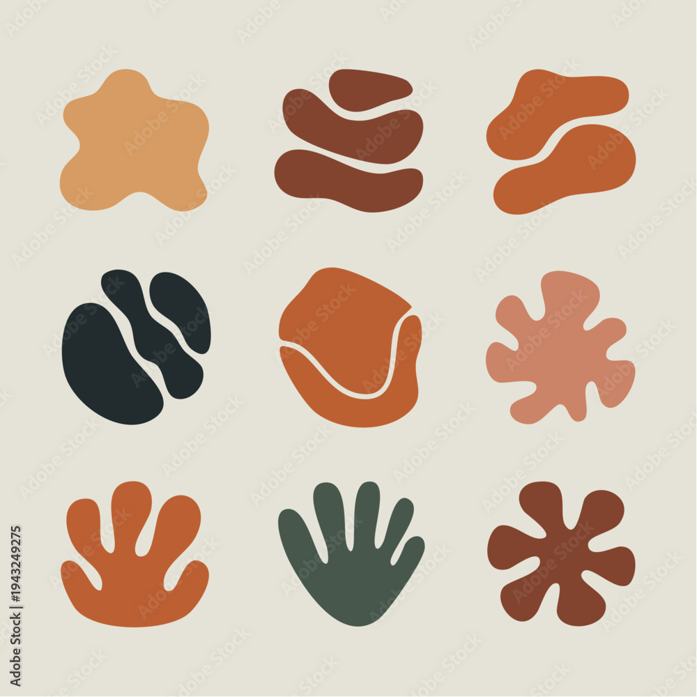 Fototapeta premium Set of nine abstract organic shapes in earthy tones, modern minimalist design elements for graphic projects.