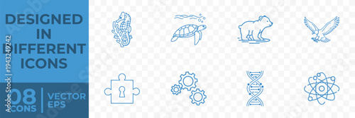 A flat vector graphic design featuring 8 icons of various animals and science-related symbols on a transparent background