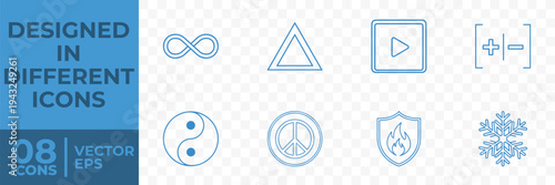 A set of 8 flat vector icons including infinity, triangle, play button, math symbols, yin yang, peace sign, shield with flames, and snowflake, designed in a simple and modern style.