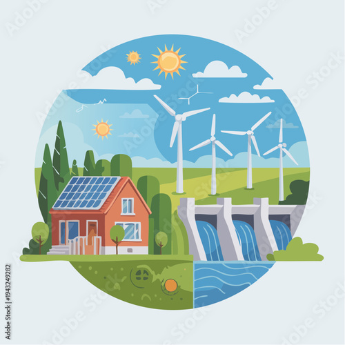 Illustration of various renewable energy sources including solar panels on a house, wind turbines, and a hydroelectric dam, set in a natural landscape.