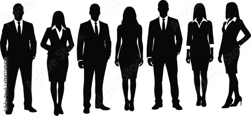 business people, corporate team, silhouettes, professionals, men, women, standing, office, workers, leadership, teamwork, staff, company, employees, formal, suit, character, group, collection, icon