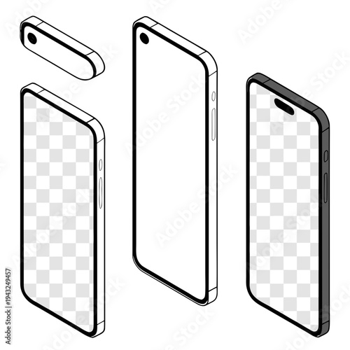 Isometric smartphone mockups with blank screens and separate components, ideal for tech presentations or app development showcases.