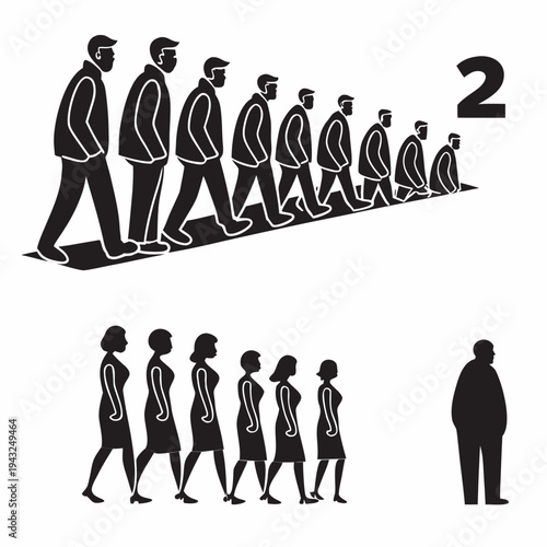 Stylized black silhouettes of men walking on an upward slope and women walking in a line, with one man standing apart, illustrating group dynamics