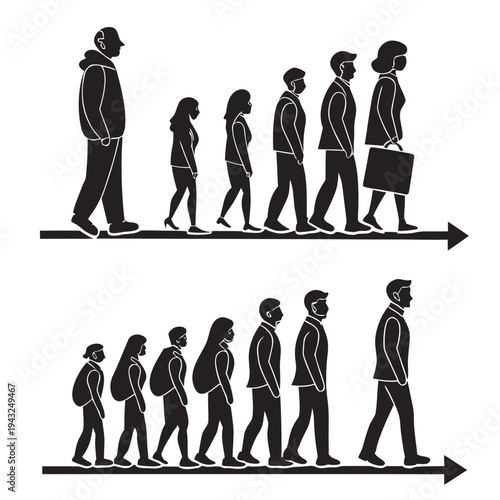 Illustrative sequence depicting human evolution with black silhouettes of people walking on arrows, showing stages of life and progress