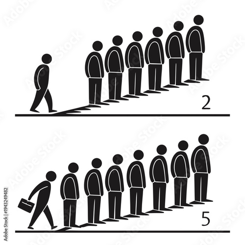People walking into a line and a person walking with a briefcase towards a line, depicting queuing and business contexts