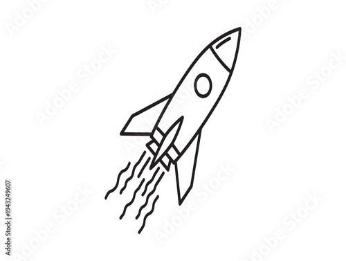 A simple line drawing of a rocket ship blasting off into space with flames