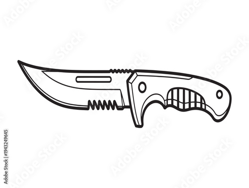 A black and white line drawing of a folding pocket knife with a partially serrated blade