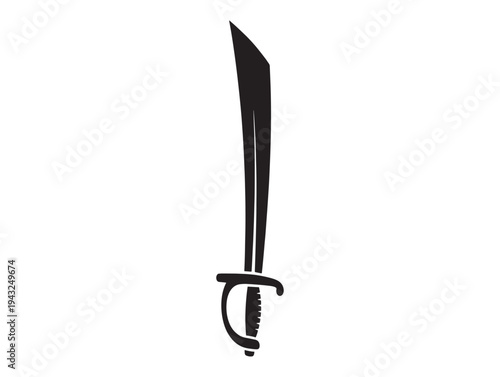 A black sword with a curved hilt and pointed tip on a white background