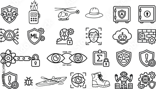 Futuristic Technology and Outdoor Adventure Icon Set - AI Security, Biometrics and Travel Elements.