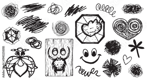 Whimsical doodles featuring abstract shapes, faces, and symbolic icons in a sketchy style