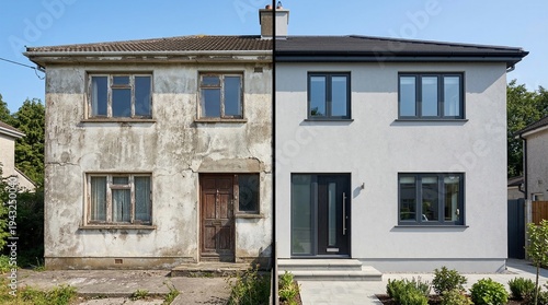 Avant et après la rénovation d'une maison délabrée en villa moderne, transformation de façade, isolation par l'extérieur et remplacement des menuiseries pour la valorisation immobilière.