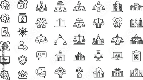 Legal System and Data Protection Icons – Governance, Network Security and Organizational Hierarchy.