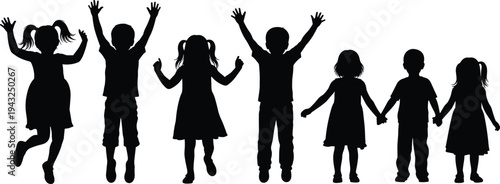 Children, kids, silhouettes, jumping, playing, happy, boys, girls, friends, holding, hands, playful, childhood, activity, black, isolated, silhouette, set, fun, together