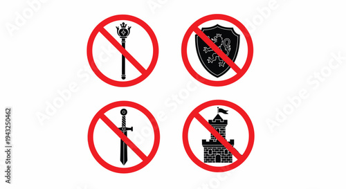 Prohibited Fantasy Medieval Items Icon Set with Scepter Shield Sword Castle 