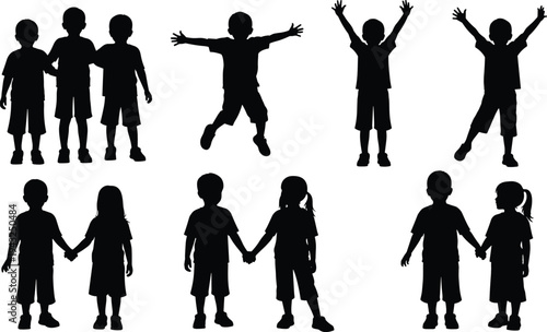 Children, kids, silhouettes, playing, jumping, happy, boys, girls, friends, holding, hands, playful, childhood, activity, isolated, black, silhouette, set, fun, together
