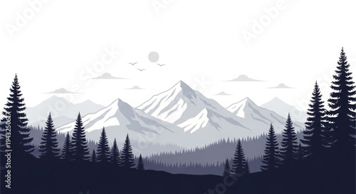 Mountain Landscape with Silhouetted Trees.