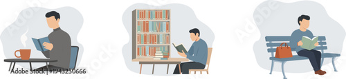 Man reading book in café, library, and on bench with focused mood
