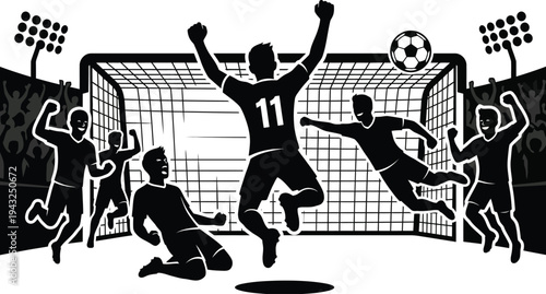 Soccer Team Celebrating Goal Victory in Stadium Black White Illustration