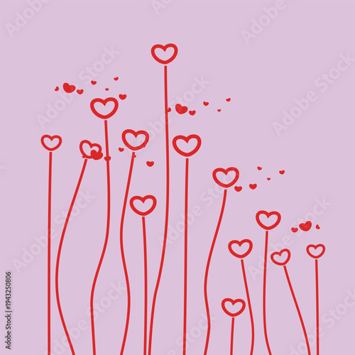 Whimsical illustration of red hearts on stems with dots on a lilac background