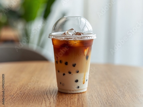 Iced bubble milk tea with tapioca pearls in a plastic cup on a wooden table. Popular Asian beverage with creamy milk and sweet tea flavor.