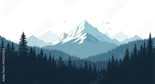 Mountain Landscape with Snowy Peak Forest.