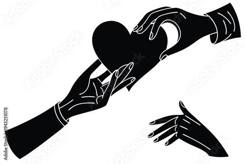 Simple black and white vector art of hands creating a heart symbol, representing affection and unity.