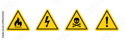 Caution signs set. Fire warning, hazard danger, high voltage icon. Attention, risk, flammable, skull, bone - stock vector.