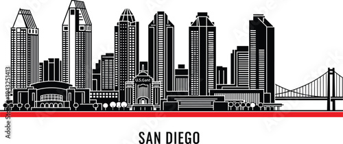 Black and white skyline silhouette of San Diego with red stripe and text city architecture