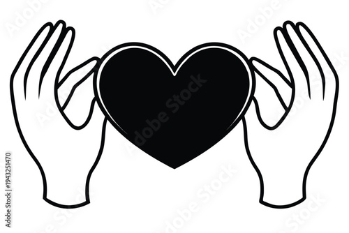 Minimalist black and white vector art of hands embracing a heart, conveying love and tenderness.