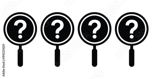 Magnifying glass with question mark icon set in black, red, and blue, symbolizing search, inquiry, investigation, analysis, and problem-solving concept vector