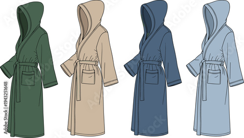 WebHooded, bathrobe, set, vector, illustration, front, view, comfortable, spa, robe, belt, pocket, loungewear, clothing, fashion, collection, cotton, bath, homewear, design
