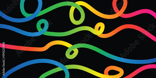 Vibrant neon rainbow colored squiggles on black background