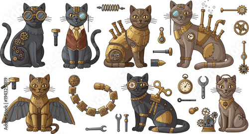 Steampunk mechanical cats collection with gears goggles robotic parts vintage clockwork cat characters fantasy vector illustration set