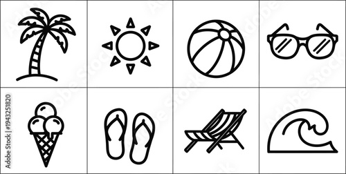Summer vacation icon bundle beach and leisure symbols