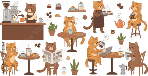 Cute cats in coffee shop collection with barista cats drinking coffee reading newspaper and cafe scenes vector set