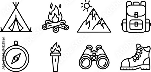 Camping icon bundle for outdoor adventures and travel planning