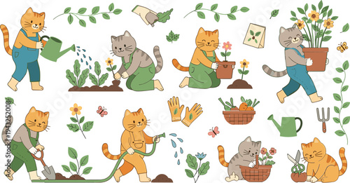 Cute cartoon cats gardening collection hand drawn kitten characters watering plants planting flowers with tools leaves and garden elements