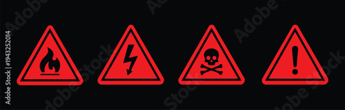 Caution signs set. Fire warning, hazard danger, high voltage icon. Attention, risk, flammable, skull, bone - stock vector.