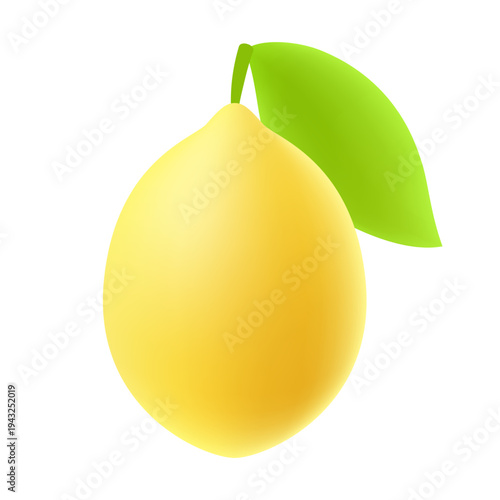 Fresh yellow lemon fruit with green leaf, vector 3D mesh illustration isolated on white background.