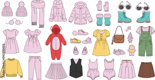 Cute kids clothing and accessories collection hand drawn children fashion set with dresses shoes hats jackets and winter items