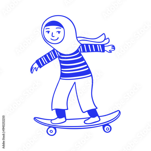 Muslim Girl Skateboarding Character