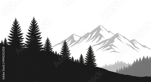 Mountain Landscape with Silhouetted Trees.