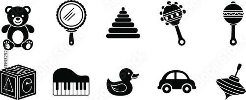 Collection of black baby toys and objects icons on white background teddy bear mirror