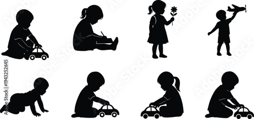 Collection of children silhouettes engaged in various activities with toys on a white background baby