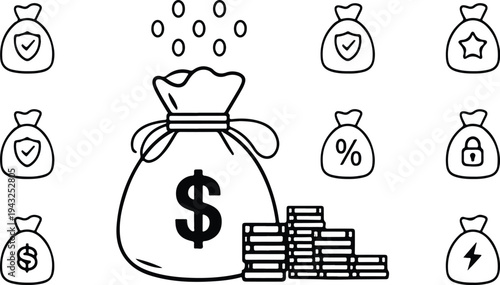 Money Bag Collection Silhouette Icon Set Cash Money Bag Typography Silhouette Icon Pack