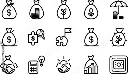 Money Bag Collection Silhouette Icon Set Cash Money Bag Typography Silhouette Icon Pack