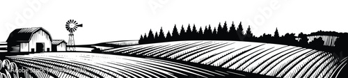 Countryside farm landscape panorama with barn windmill and field agriculture scenery engraving style vector illustration rural horizon view